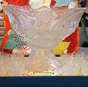 McKee Pressed Glass Pedestal Punch Bowl Set w/12 cups